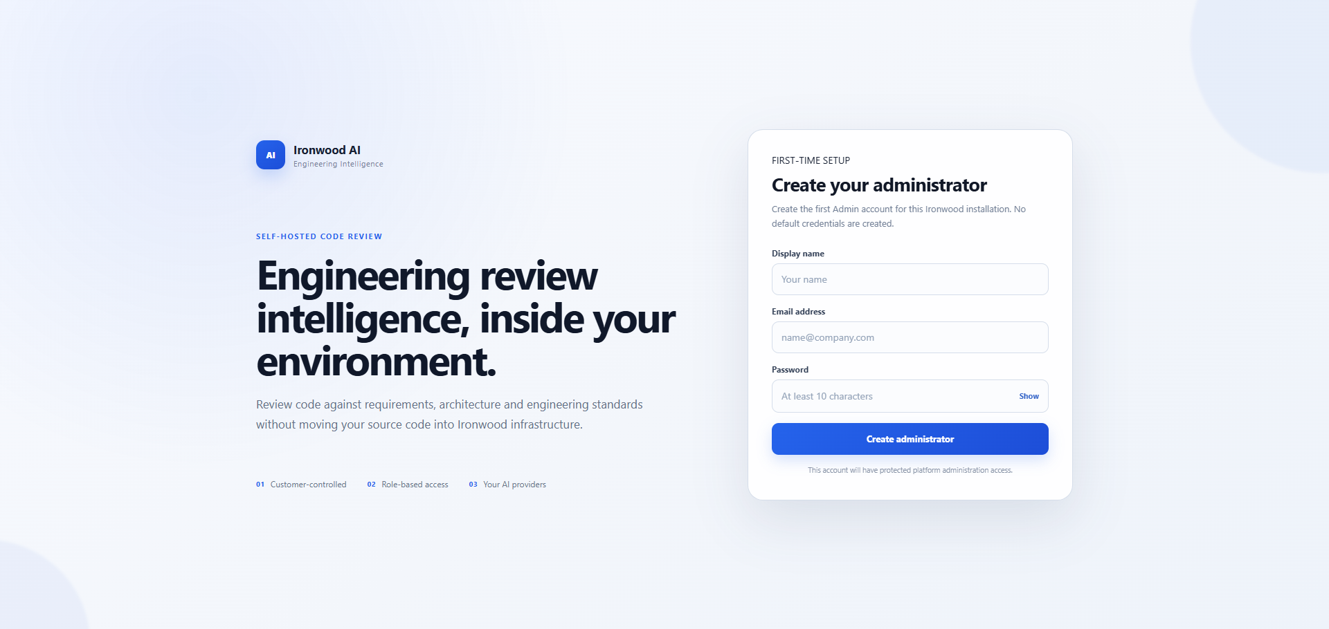 Ironwood Create First Admin User screen