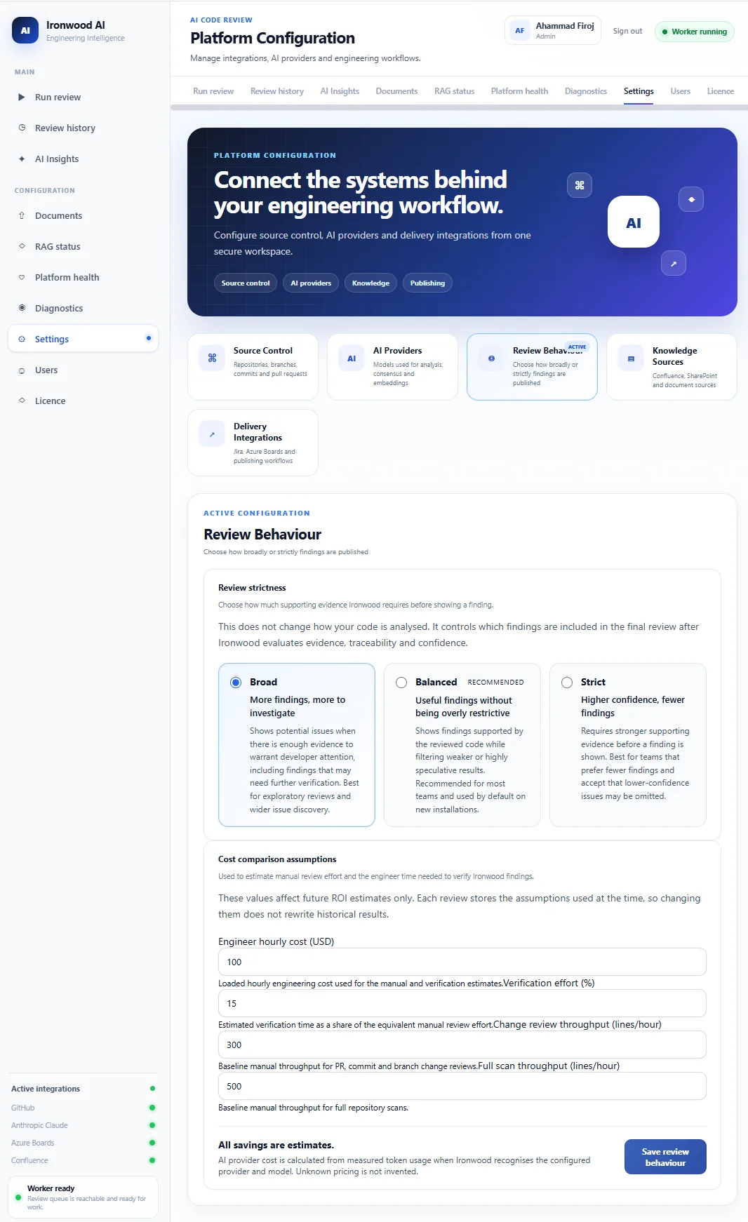 Ironwood Review Behaviour settings with cost comparison assumptions