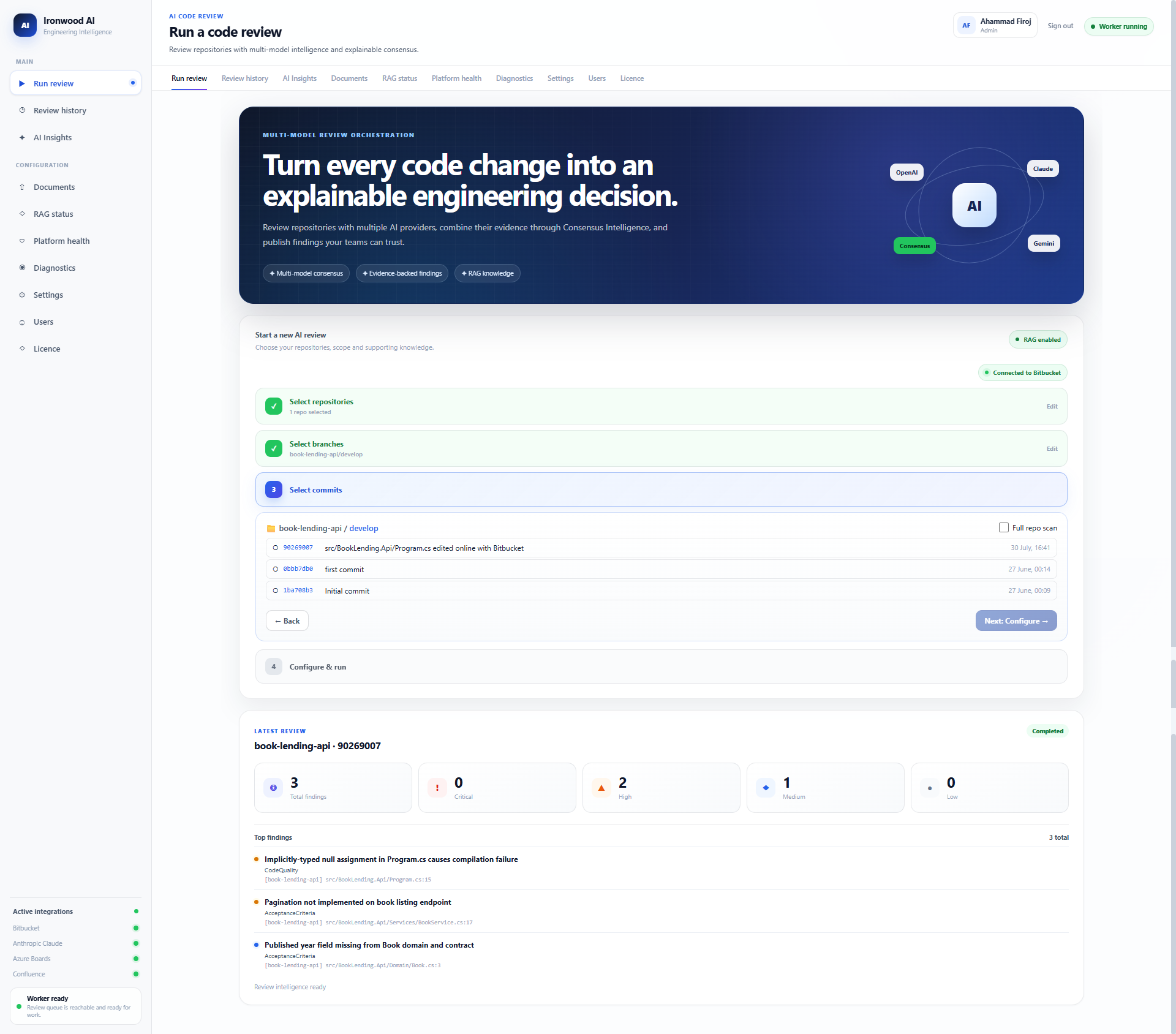 Run Review commit or full repository scan selection