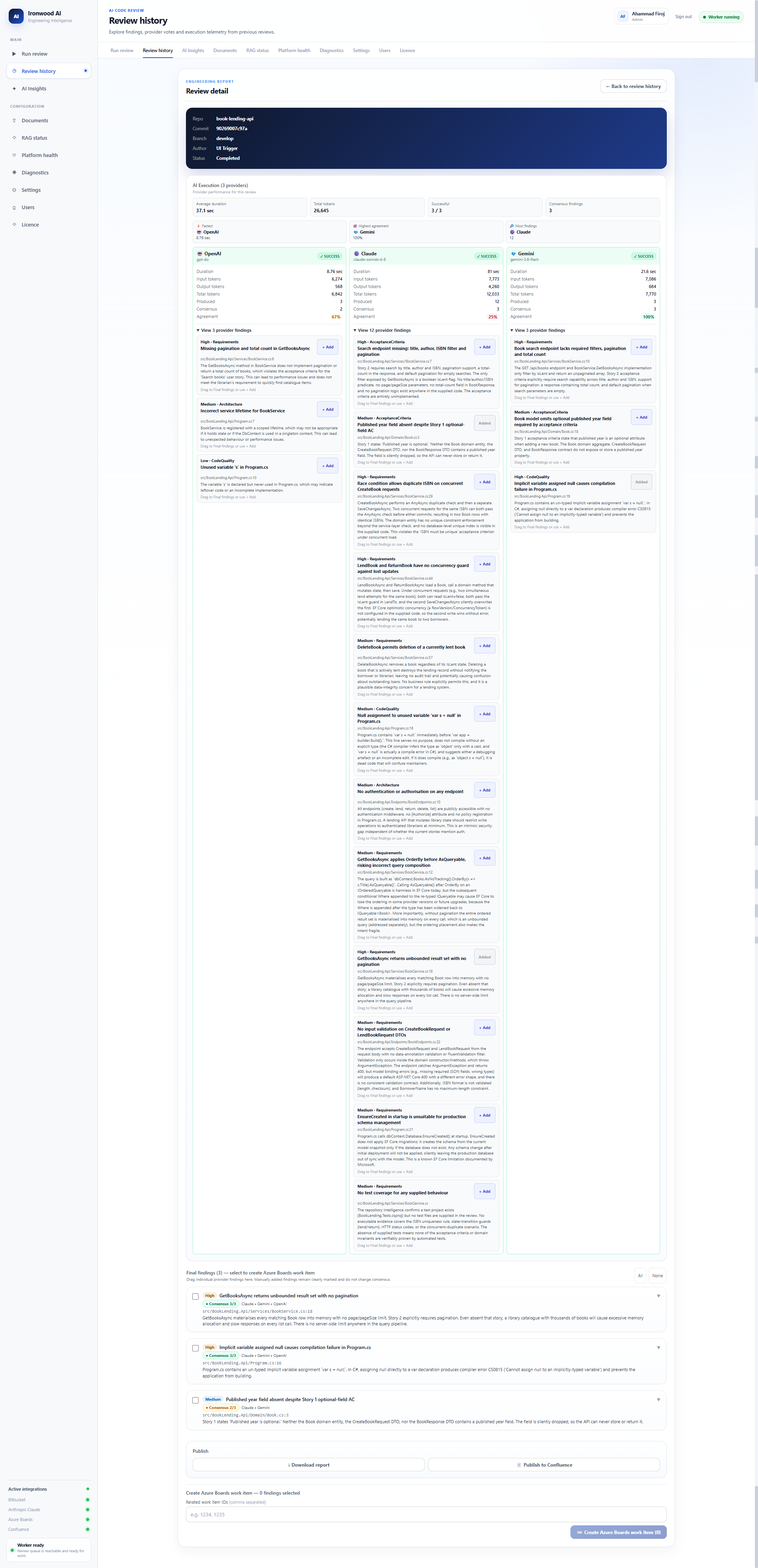Completed Ironwood review with Consensus, provider findings and delivery actions
